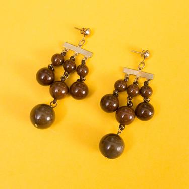Retro Mod Vintage Brown Bead Ball Chandelier Dangle Drop Earrings 