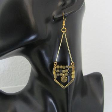 Gold chandelier earrings, bold statement earrings, ethnic earrings, bohemian boho chic earrings, unique geometric earrings, black and gold 