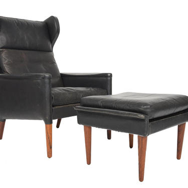 Danish Mid Century Modern Kurt Østervig Black Leather and Rosewood Wingback Lounge Chair and Ottoman 