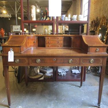 ANTIQUE HEPPLEWHITE STYLE CURVED DESK WITH WOOD INLAY AND BRASS RAILING