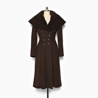 Vintage 40s Brown Wool Princess COAT / 1940s Dramatic Velvet Piped Portrait Collar Winter Coat 