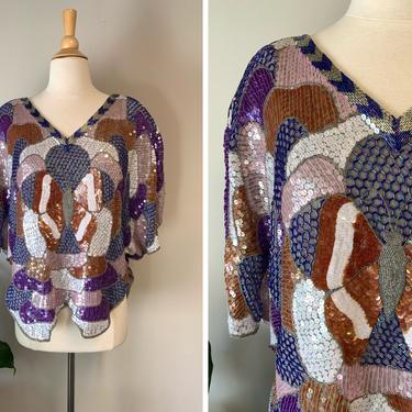 Vintage 1980s Beaded Sequin Butterfly Silk Blouse | Size M/L 