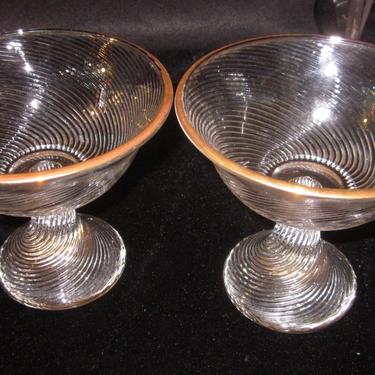 Vintage Pair of thick Murano blown crystal & Gold rimmed Tazzas Compotes Mid Century Modern 