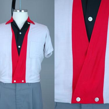 1950s Tri-Tone Shirt | Vintage 50s 60s 'Pilgrim' Grey, Red, & Black Short Sleeve Shirt | Small 