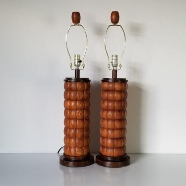 Modern Turned Wood Table Lamps - a Pair 