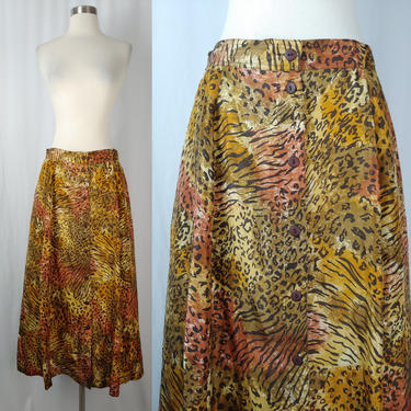 Vintage Nineties Anna & Frank Animal Print Button Front Silk Mid Length Skirt - 90s Large Leopard Print Midi Skirt 