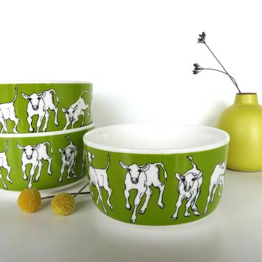 Vintage Marimekko Oiva Iltavilli Cow Bowl By Miina Äkkijyrkkä, Bright Green Ceramic Kevätjuhla Cereal Bowl From Finland - 3 available 
