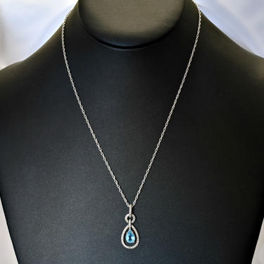 80&#39;s 925 silver topaz teardrop and diamond geometric bling pendant, unusual FAS Thai sterling blue & clear gemstone mystic princess necklace 