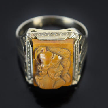 Vintage 1930’s 14k White Gold Carved Tiger Eye Double Roman Soldier Cameo Ring 