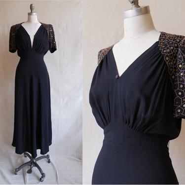 Vintage 40s Gold Beaded Crepe Rayon Dress/ 1940s Black Puff Sleeve V Neck Gown/ Size Medium 