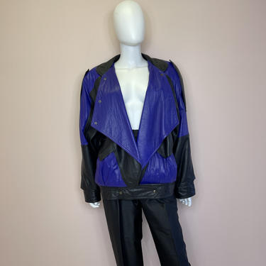 Vtg 1980s black and purple color block leather jacket 