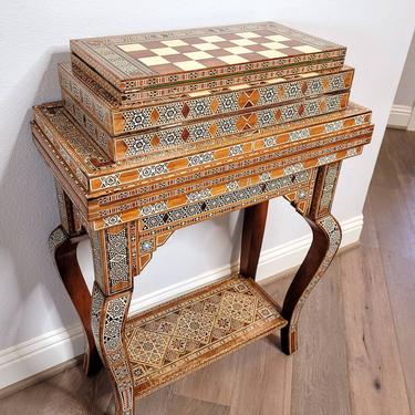 Fine Moorish Middle Eastern Arabesque Mosaic Marquetry Games Table with Decorative Travel Box &amp; Crisloid Bakelite Backgammon Chess Pieces 