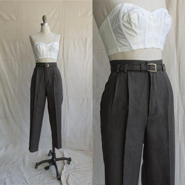 Vintage 90s Belted Trousers/ 1990s High Waisted Tapered Pants with Matching Belt/ Size 25 