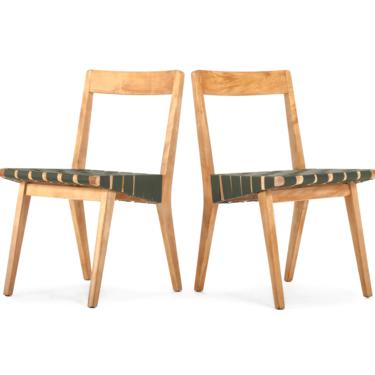 Set of Two Jens Risom for Knoll Side Chairs in Blonde Wood and Green Strapping 