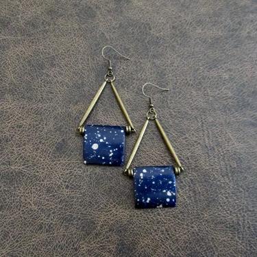 Unique blue bone earrings, bold statement earrings, tribal earrings, horn earrings, Art Deco earrings, antique bronze, ethnic earrings 