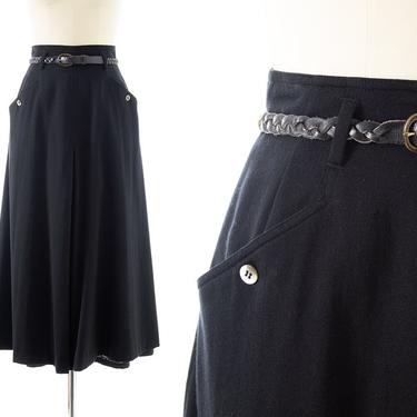 Vintage 1980s Skirt | 80s LIZ CLAIBORNE Black Wool High Waisted Pleated Midi A-Line Skirt with Pockets (x-small) 