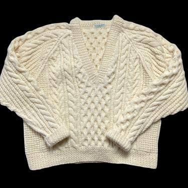 Vintage Women's ARANS BY ETHNA Irish Wool Sweater ~ V-Neck ~ Cable Knit ~ Jumper / Pullover / Cropped ~ Fisherman ~ Made in Ireland 