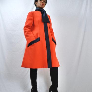 Absolutely INCREDIBLE  - Geoffrey Beene Tomato Red Wool Coat with Blue Satin Trim Vintage 1960s 
