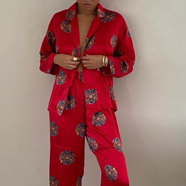90s silk charmeuse pant suit loungewear / vintage red Chinese print liquid silk charmeuse satin pant suit PJs pajamas matching set | M 