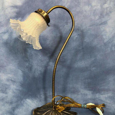 Vintage 18&amp;quot; Flower Table Lamp, Unique Gooseneck Fluted Antique Brushed Copper, Glass Flower Petal Shade 