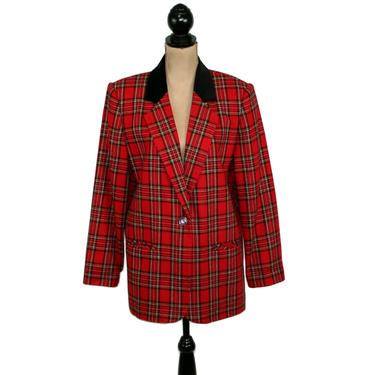 90s Red Plaid Blazer Women Large, Wool Tartan with Black Velvet Collar & Shoulder Pads, 1990s Clothes Vintage Clothing, Sag Harbor Size 12 