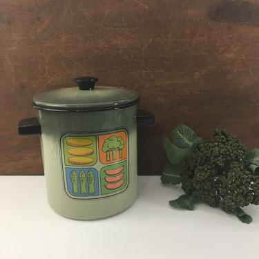 Green enamelware steamer pot - upright pan with insert - vintage 1980s 