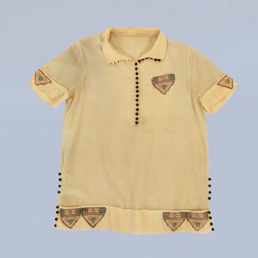 1920s Blouse /20s Egyptian Revival Button Down Silk Top / Embroidered Triangle Pockets 