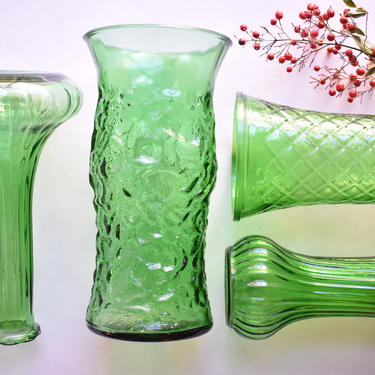 Set of Emerald Green Glass Bottles |Group of Four Centerpiece Vases 