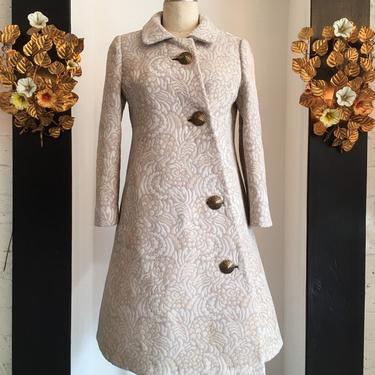 1960s brocade coat, vintage 60s coat, mod coat, size medium, asymmetrical coat, beige coat, 36 bust, mrs maisel style 