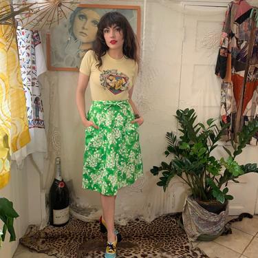 70's FLORAL WRAP SKIRT - green and white - pockets - high-waisted - small 