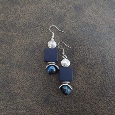 Blue stone and silver geometric dangle earrings, mid century modern earrings, boho chic earrings, bold statement earrings, contemporary 
