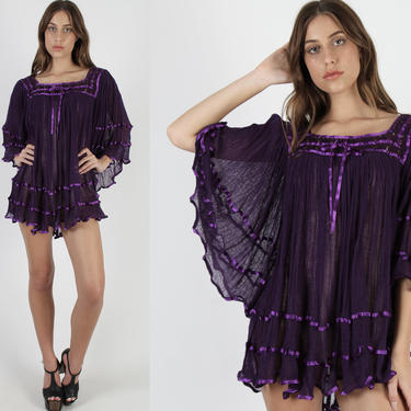 Large Kimono Sleeve Purple Gauze Mini Dress / Satin Ribbon Trim Crochet Dress / Vintage 70s Mexican Angel Sleeve Tropical Vacation Cover Up 