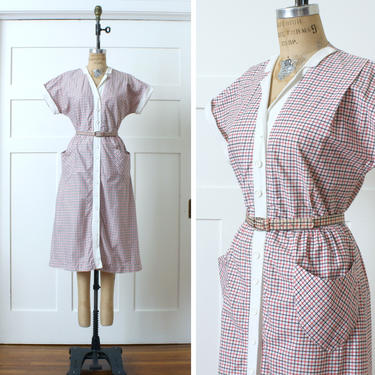 vintage 1950s cotton day dress • belted short sleeve plaid dress with oversized skirt pockets 