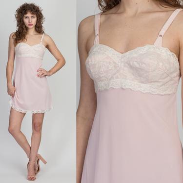 70s Molded Cup Pink Slip Dress - Medium, 36B | Vintage Olga White Lace Lingerie Mini Dress 