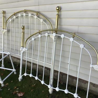 Vintage  Brass Iron QUEEN Headboard, Footboard  Matching Table, Victorian, Shabby Chic, Home Decor 