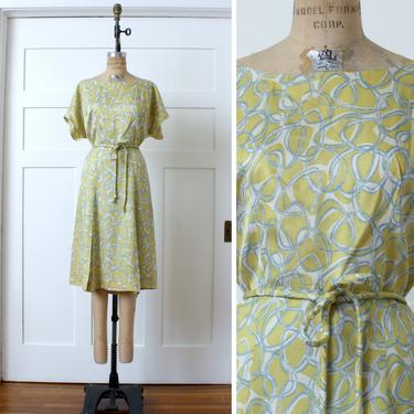 vintage 1960s chartreuse green belted dress • MCM atomic abstract print dress 