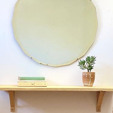 Vintage Circle Mirror Round Antique Wall Mirror Frameless Faceted Beveled Large 26.5&quot; Diameter Mid Century Modern MCM Tarnished Distressed 
