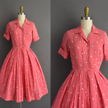 1950s vintage dress | Adorable Pink Cotton Polka Dot Short Sleeve Full Skirt Summer Dress | XS | 50s dress 