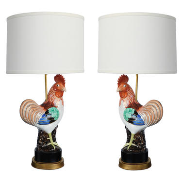 Pair of Paris Porcelain Polychromed Roosters Mounted as Lamps