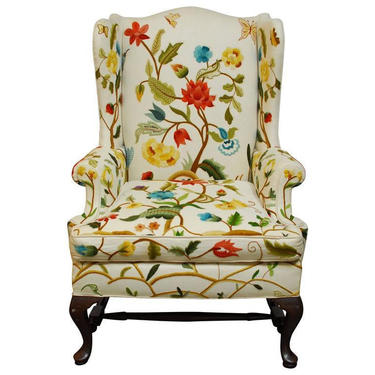George III Style Crewel Work Embroidered Wingback Chair by ErinLaneEstate