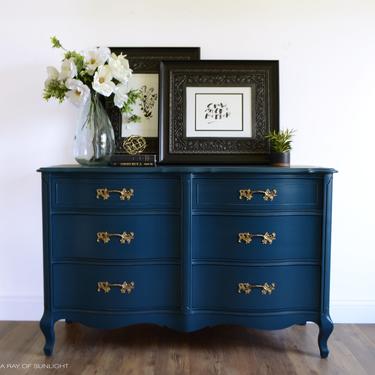 SOLD OUT - Navy Blue Dresser - Gold Hardware - Vintage Furniture - Entry Table - TV Stand - Farmhouse French Country - Painted Furniture 