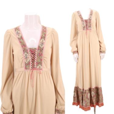 70s beige prairie lace up maxi dress S / vintage 1970s Young Edwardian unlabeled fairytale peasant dress gown Small 
