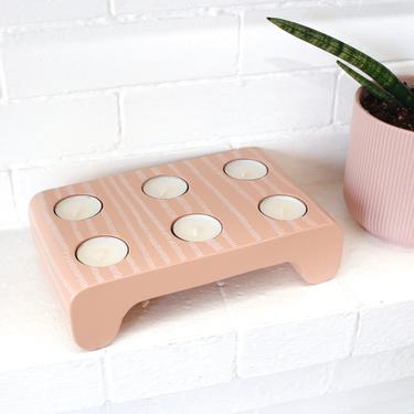 Wooden Tealight Candle Holder - Pink &amp; White Hand Painted Wood Centerpiece 