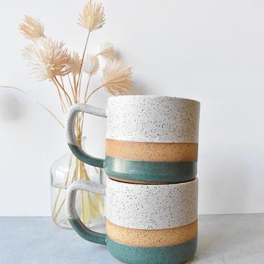 Short Speckled Stoneware White and Forest Green Color Block Handmade Ceramics Mug 