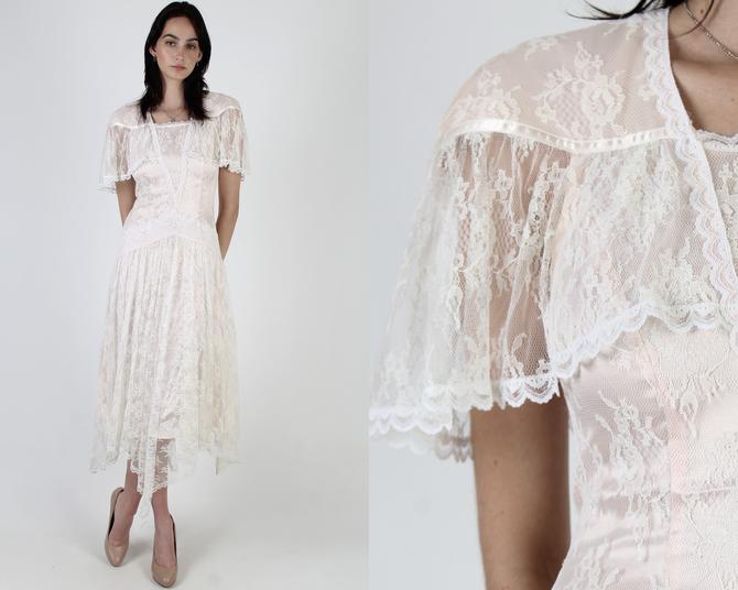 80s Light Pink Gunne Sax Dress / 1980s Romantic White Floral Lace Dress / Deco Bridal Tea Party Capelet Collar Lawn Midi Dress 5 6 