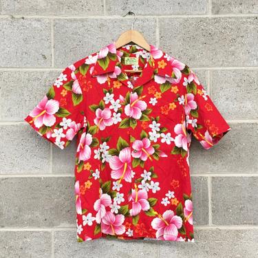 Vintage Shirt Retro 1960s Ui-Maikai + Hawaiian Print + Red + Short Sleeve + Button-down + Pointy Collar + Hibiscus Print + Unisex Apparel 