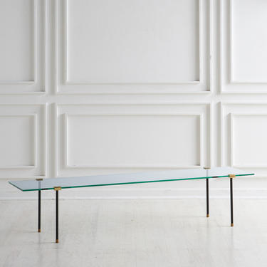 Architectural Glass Coffee Table with Iron + Brass Base (Pair Available)