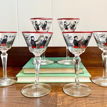 Set of 6- Vintage Cordial Liquor Cocktail Glasses, Dickens Pickwick Papers Pattern, MCM Retro Barware 