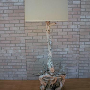 Mid Century White Driftwood Floor Lamp with Built In Glass Top Table