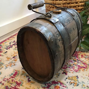 Rustic primitive Antique Wooden Canteen, Small Wood Barrel Cast Iron Bands And Carrying Handle 